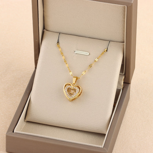 Double-layer Love Necklace With Rhinestones Titaniumn