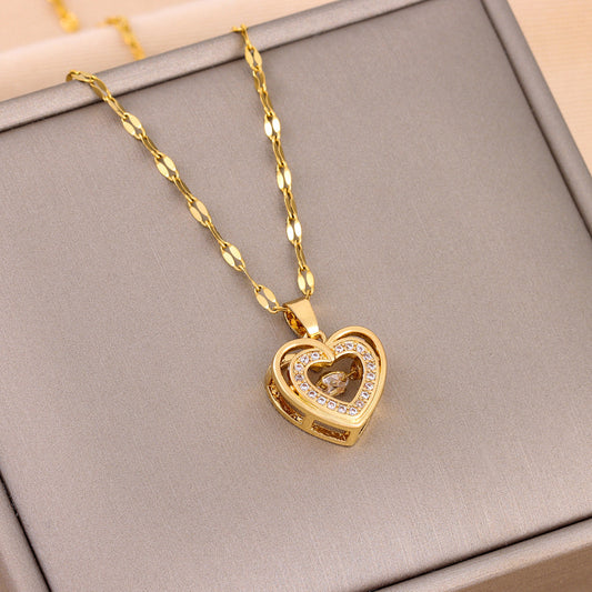 Double-layer Love Necklace With Rhinestones Titaniumn